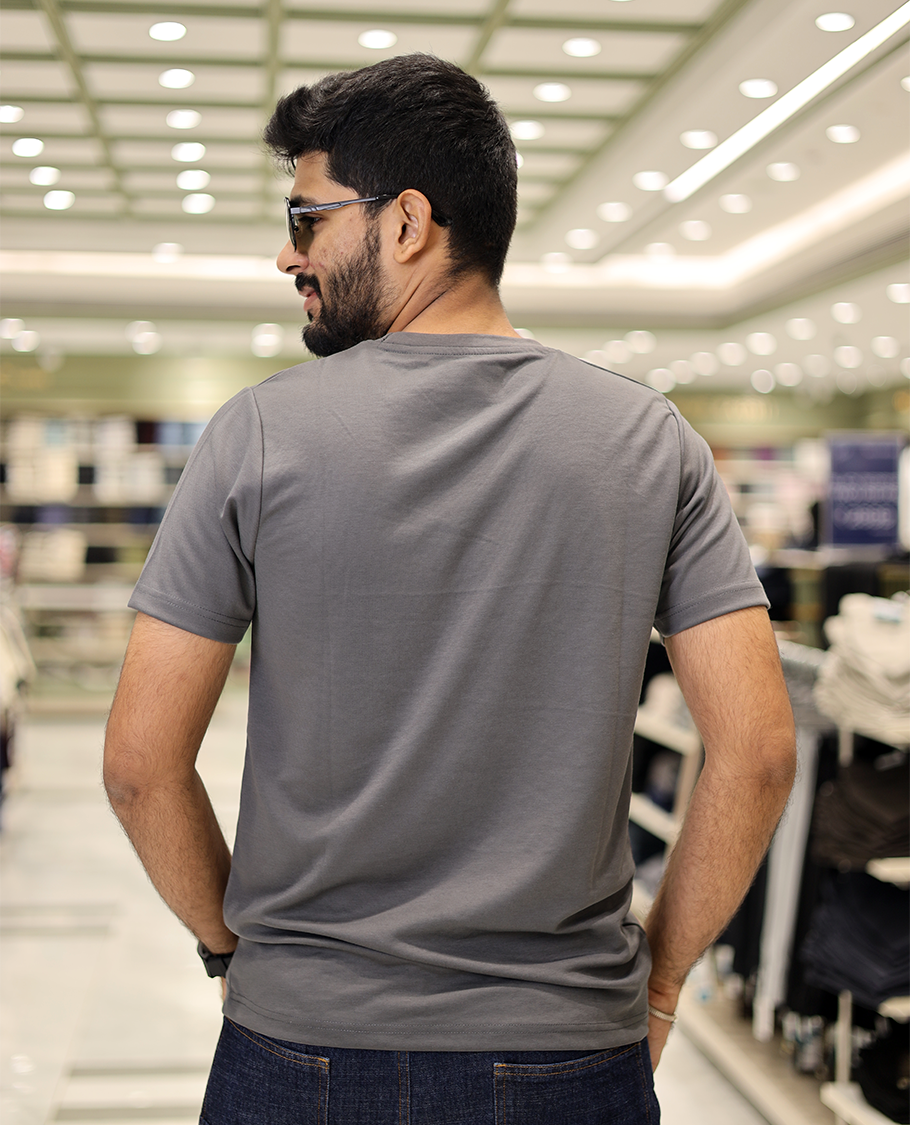 Dark Grey Cotton-Blended T-Shirt Comes with Bird Motifs Embroidery, Half-Sleeves, a Crew Neck, a Slim Fit, and Regular Length