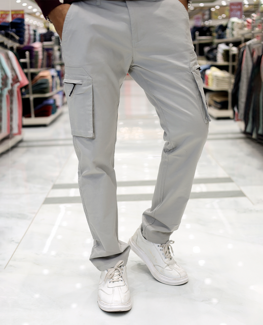 Grey Plain Cotton-Blended Cargo Trousers Features a Regular Fit, Belt Loops, and Regular Length