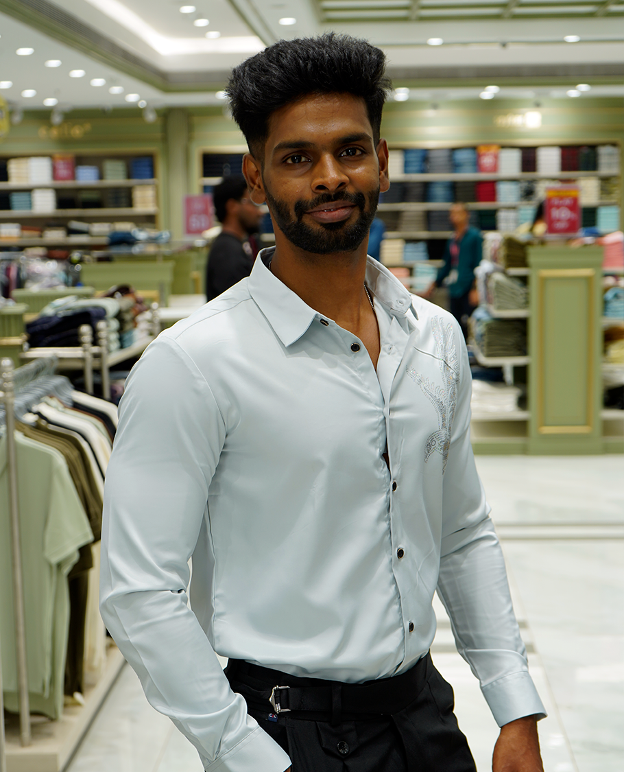 Light Blue Designer Party Wear Shirt Features Bird Embroidered, a Spread Collar, Full Sleeves, a Slim Fit, and Regular Length