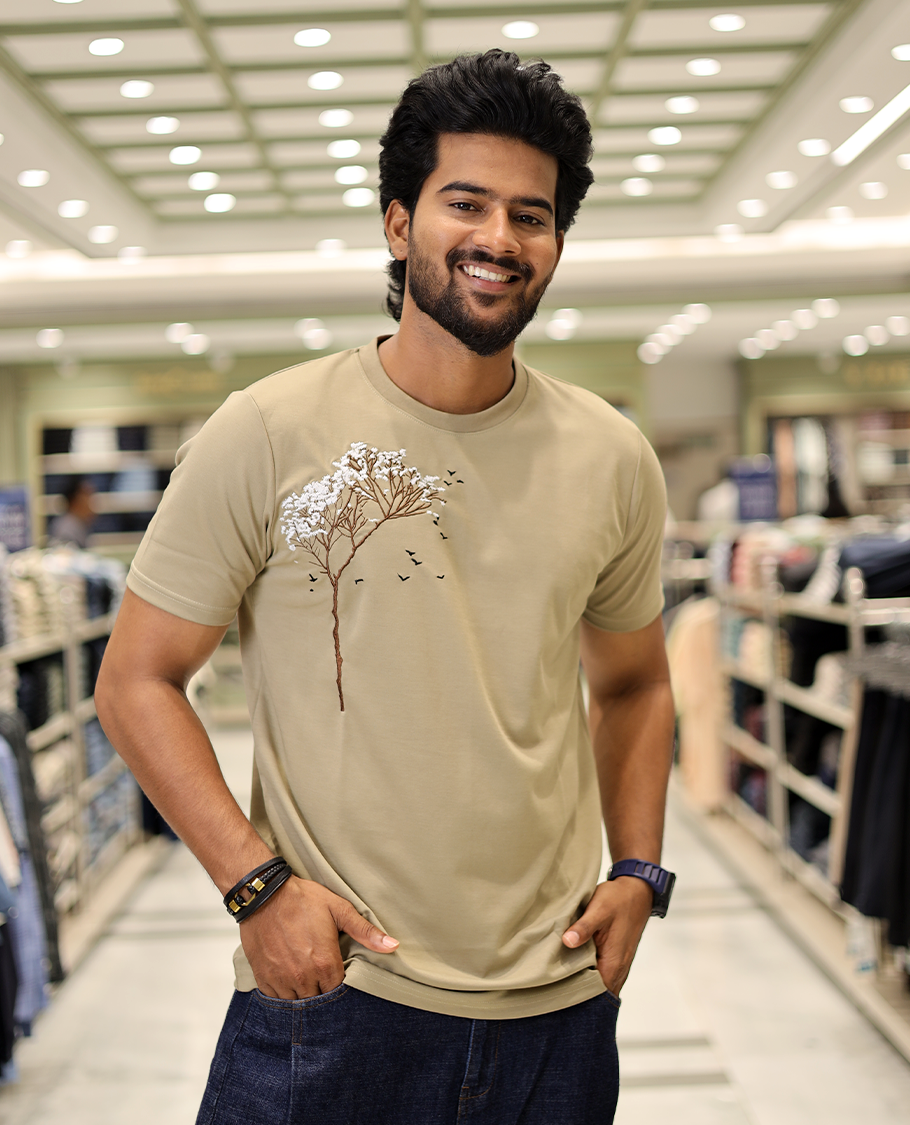 Dark Beige Cotton-Blended T-Shirt Comes with Tree-Bird Motifs Embroidery, Half-Sleeves, a Crew Neck, a Slim Fit, and Regular Length