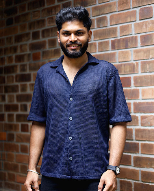 Navy Cotton-Blended Crochet Casual Shirt Features Half Sleeves, a Regular Fit, a Cuban Collar, and a Regular Length