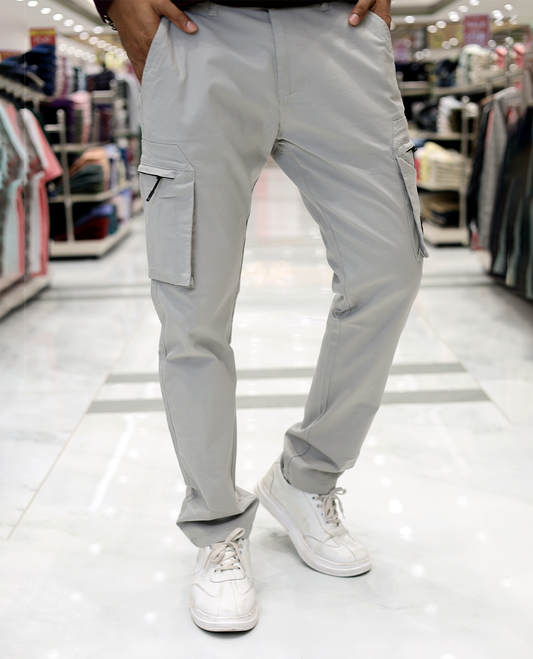 Grey Plain Cotton-Blended Cargo Trousers Features a Regular Fit, Belt Loops, and Regular Length