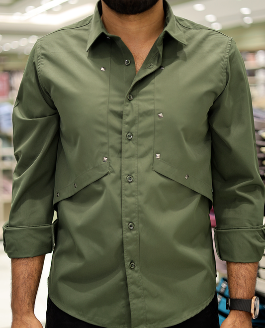 Dark Green Cotton-Blended Casual Shirt Features Life-Quotes Backprint, Full-Sleeves, a Spread Collar, a Regular Fit, and a Regular Length