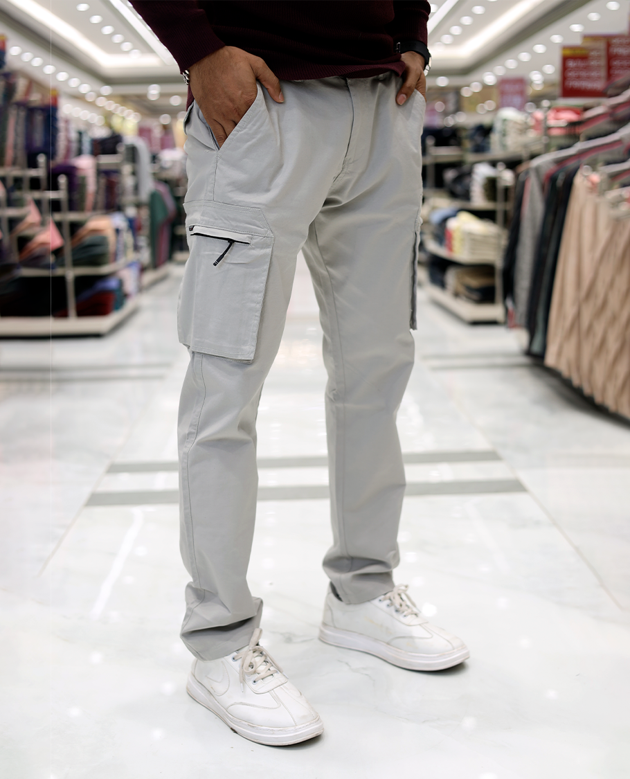 Grey Plain Cotton-Blended Cargo Trousers Features a Regular Fit, Belt Loops, and Regular Length