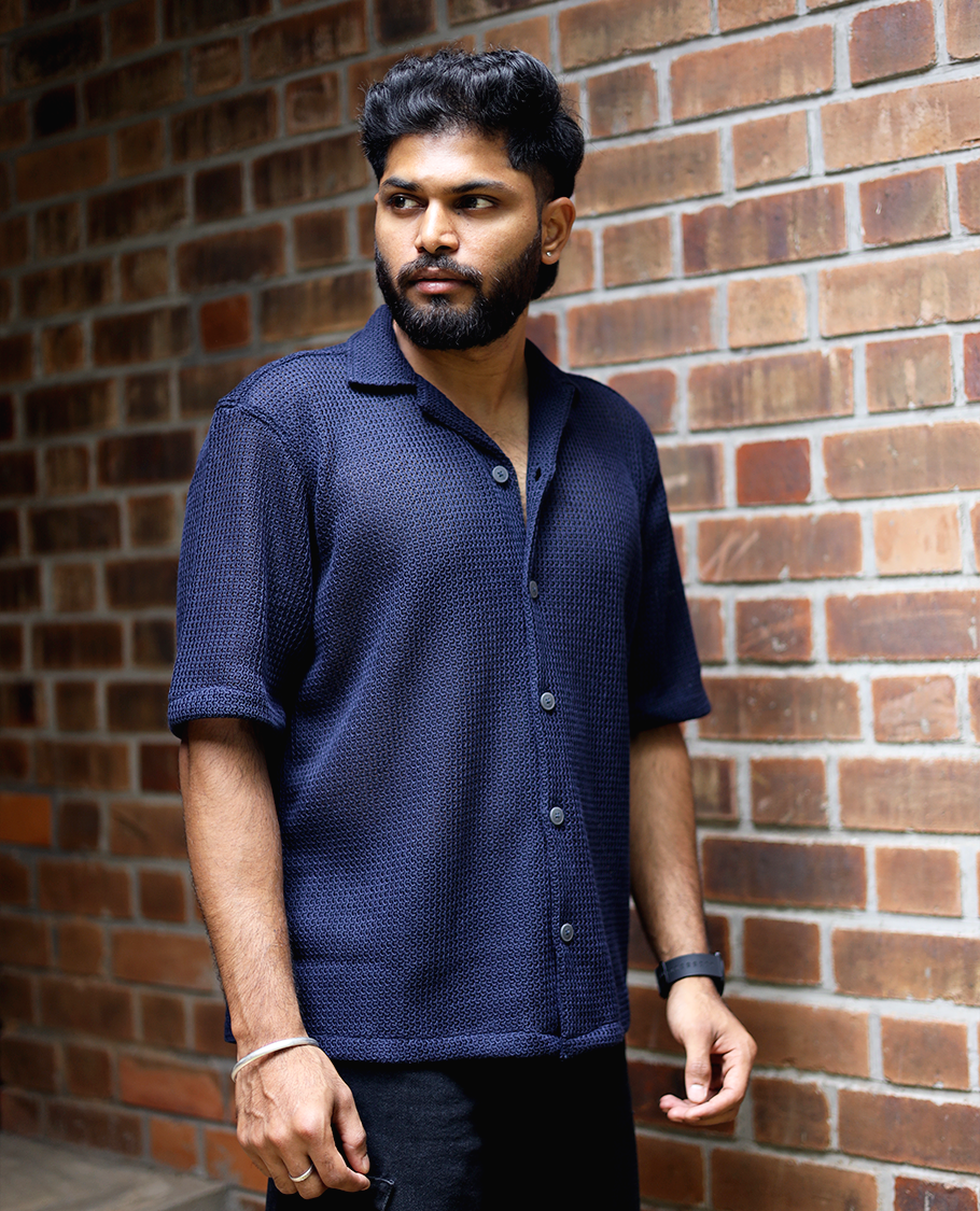 Navy Cotton-Blended Crochet Casual Shirt Features Half Sleeves, a Regular Fit, a Cuban Collar, and a Regular Length