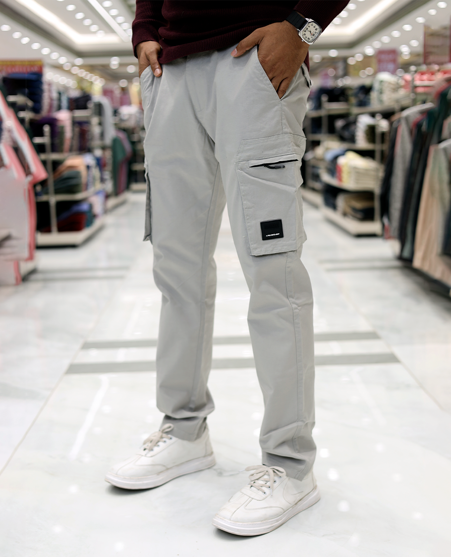 Grey Plain Cotton-Blended Cargo Trousers Features a Regular Fit, Belt Loops, and Regular Length