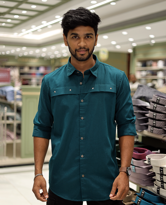 Dark Green Cotton-Blended Casual Shirt Features Life-Quotes Backprint, Full-Sleeves, a Spread Collar, a Regular Fit, and a Regular Length