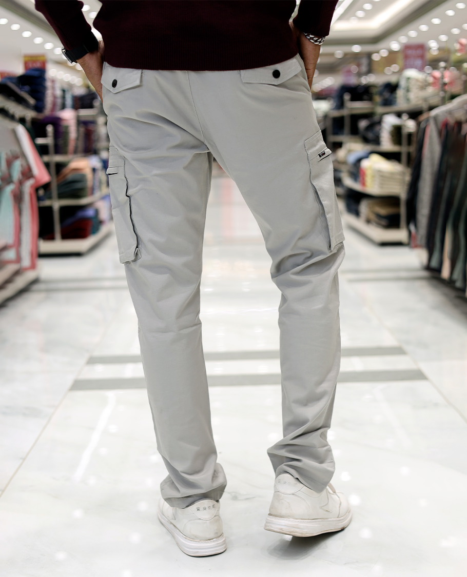 Grey Plain Cotton-Blended Cargo Trousers Features a Regular Fit, Belt Loops, and Regular Length