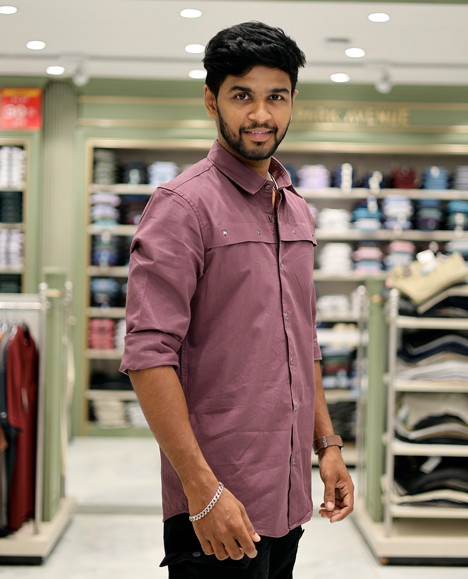 Mauve Cotton-Blended Casual Shirt Features Life-Quotes Backprint, Full-Sleeves, a Spread Collar, a Regular Fit, and a Regular Length