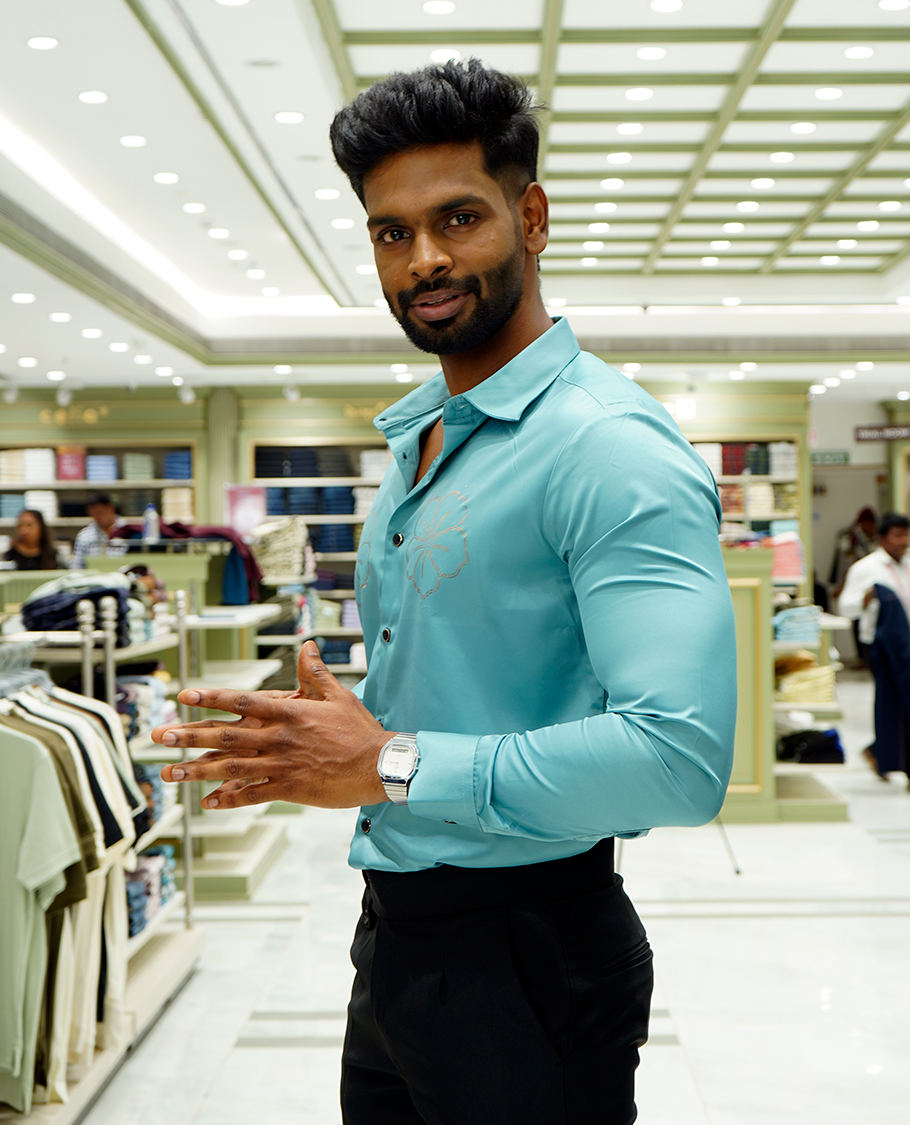 Teal Designer Party Wear Shirt Features Flower Work, a Spread Collar, Full Sleeves, a Slim Fit, and Regular Length