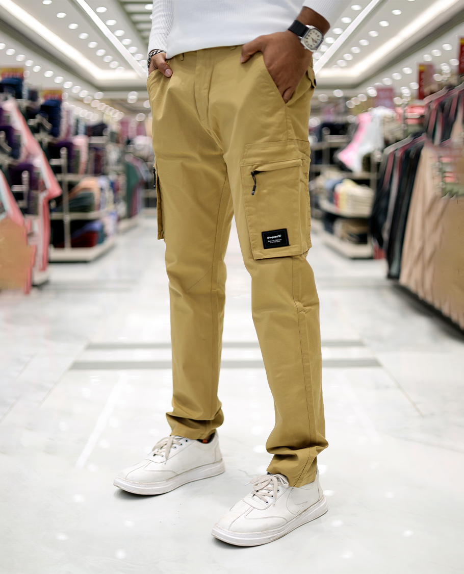 Beige Plain Cotton-Blended Cargo Trousers Come with a Regular Fit, Belt Loops, and Regular Length
