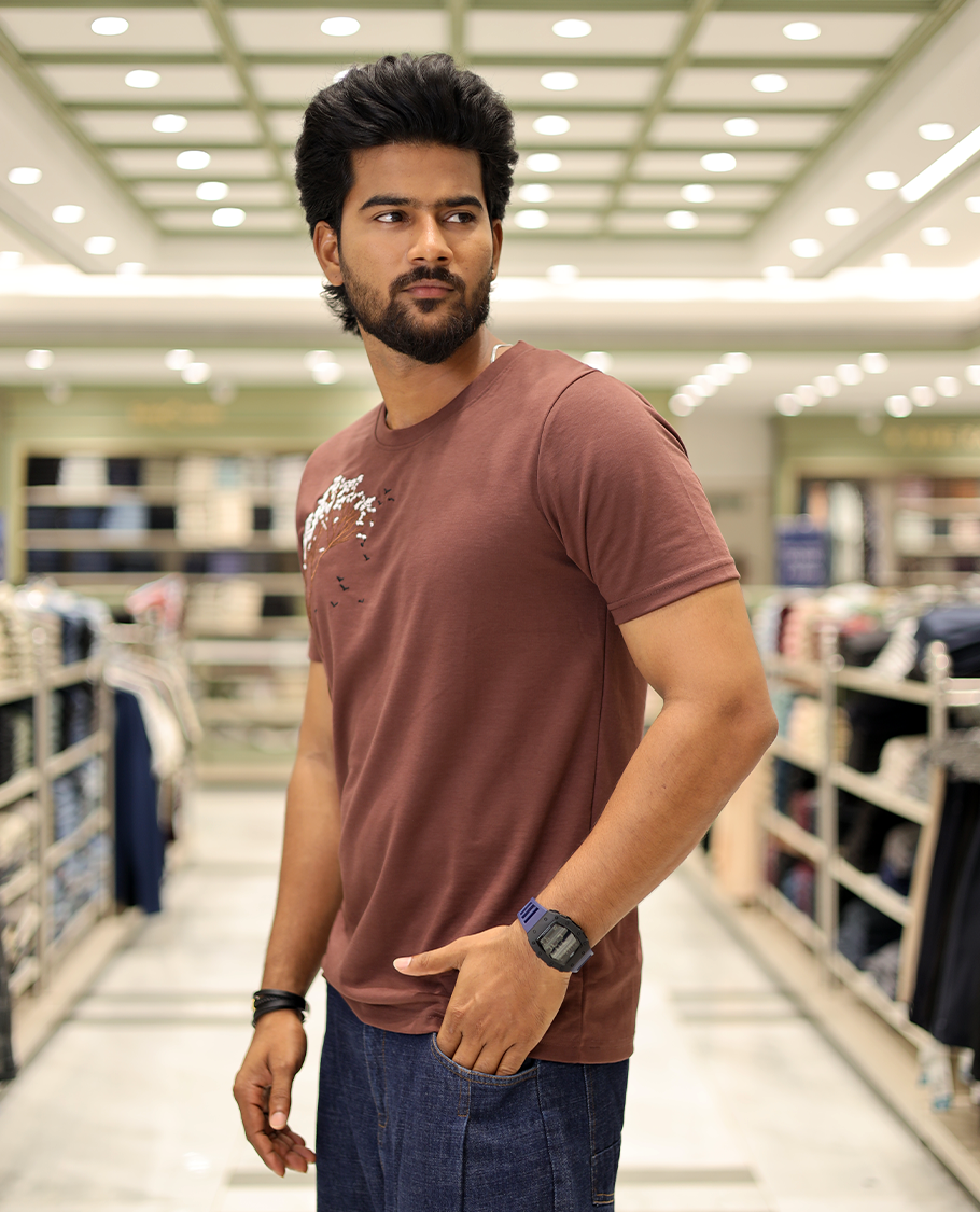 Maroon Cotton-Blended T-Shirt Comes with Tree-Bird Motifs Embroidery, Half-Sleeves, a Crew Neck, a Slim Fit, and Regular Length