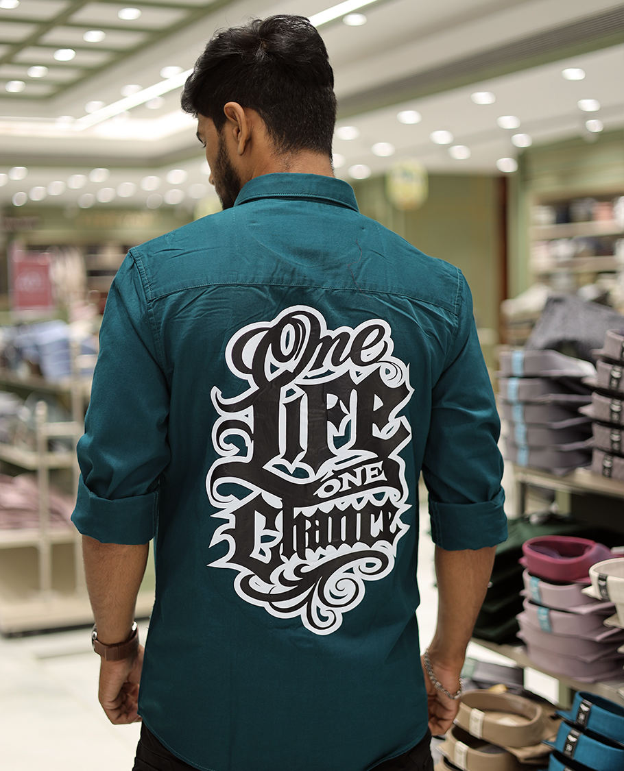 Dark Green Cotton-Blended Casual Shirt Features Life-Quotes Backprint, Full-Sleeves, a Spread Collar, a Regular Fit, and a Regular Length