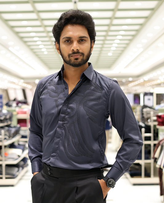 Grey Poly-Blended Party Wear Shirt, Features Vines-Themed Stone Work, Full Sleeves, a Spread Collar, Slim Fit, and Regular Length 