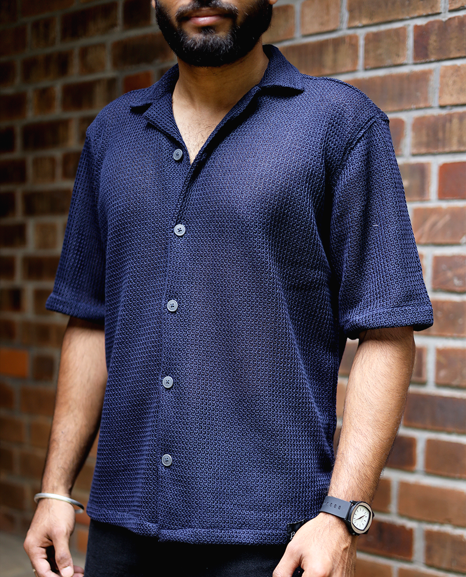 Navy Cotton-Blended Crochet Casual Shirt Features Half Sleeves, a Regular Fit, a Cuban Collar, and a Regular Length