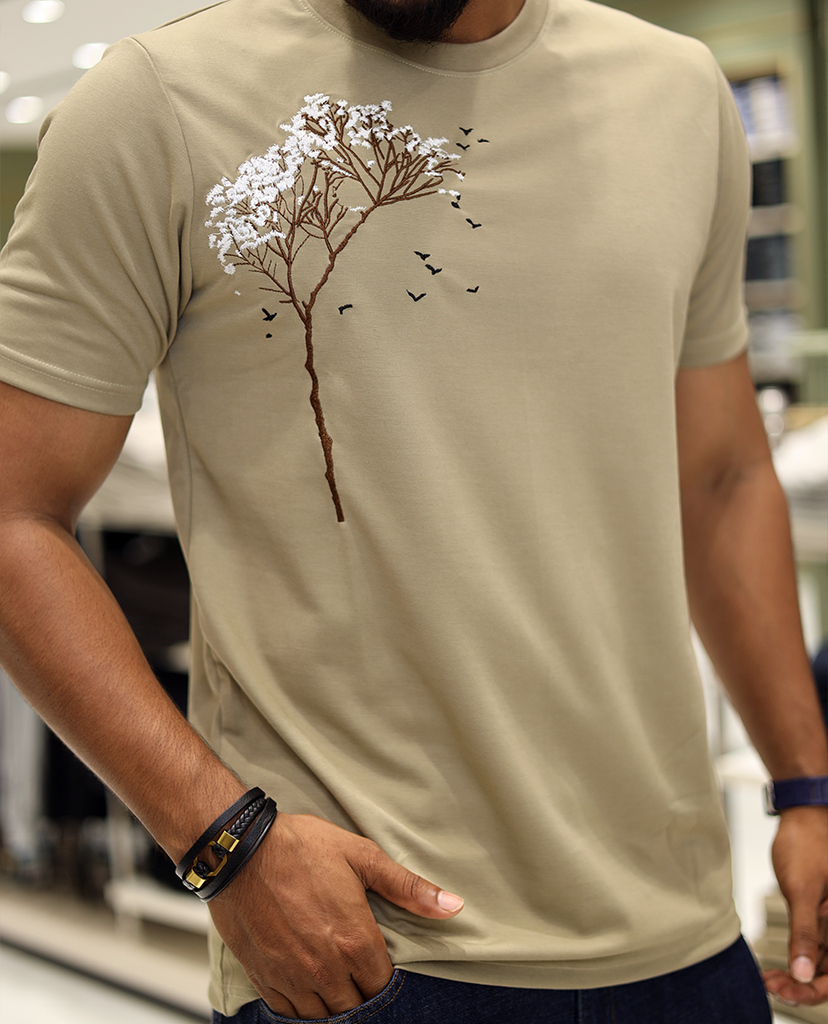 Dark Beige Cotton-Blended T-Shirt Comes with Tree-Bird Motifs Embroidery, Half-Sleeves, a Crew Neck, a Slim Fit, and Regular Length