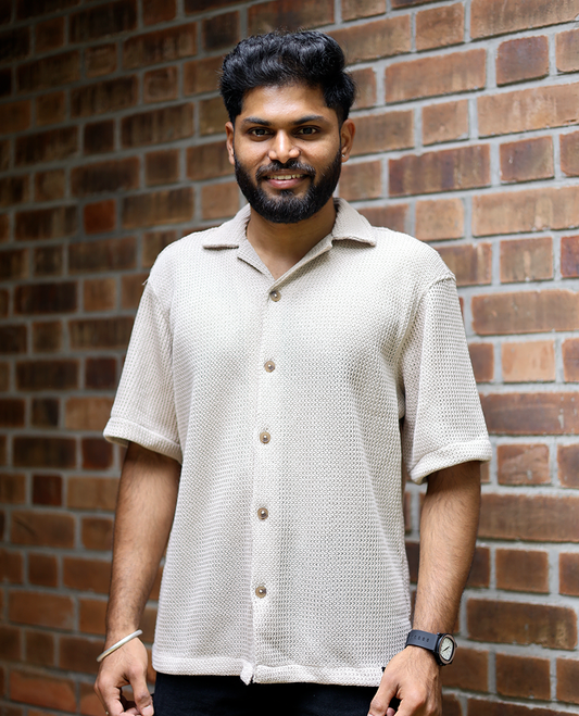 Cream Cotton-Blended Crochet Casual Shirt Features Half Sleeves, a Regular Fit, a Cuban Collar, and a Regular Length