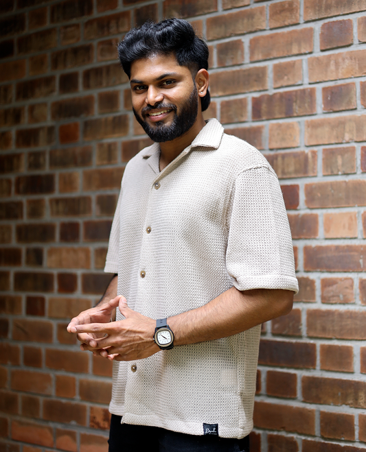 Cream Cotton-Blended Crochet Casual Shirt Features Half Sleeves, a Regular Fit, a Cuban Collar, and a Regular Length