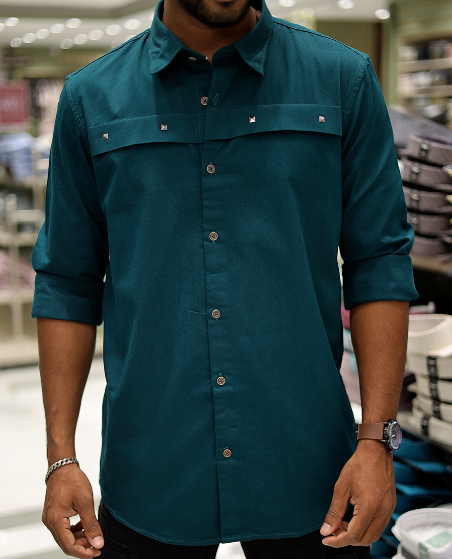 Dark Green Cotton-Blended Casual Shirt Features Life-Quotes Backprint, Full-Sleeves, a Spread Collar, a Regular Fit, and a Regular Length