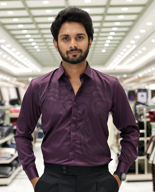 Purple Poly-Blended Party Wear Shirt, Features Vines-Themed Stone Work, Full Sleeves, a Spread Collar, Slim Fit, and Regular Length 