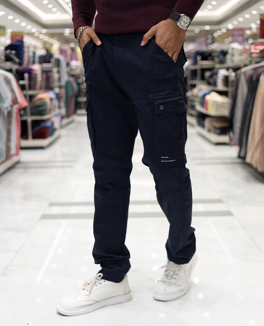 Black Plain Cotton-Blended Cargo Trousers Features a Regular Fit, Belt Loops, and Regular Length