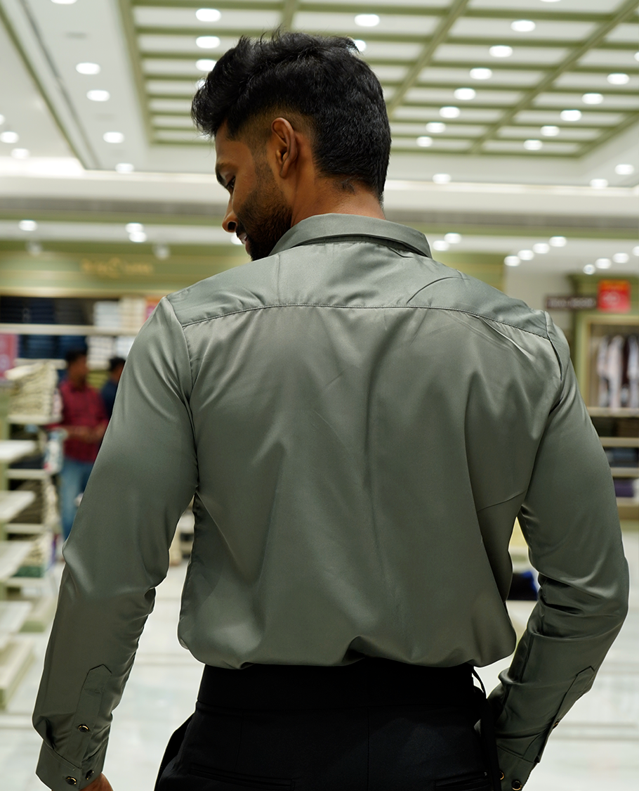 Olive Green Designer Party Wear Shirt Features Bird Embroidered, a Spread Collar, Full Sleeves, a Slim Fit, and Regular Length