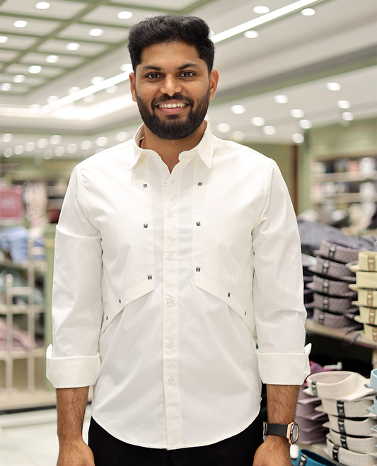 White Cotton-Blended Casual Shirt Features Life-Quotes Backprint, Full-Sleeves, a Spread Collar, a Regular Fit, and a Regular Length