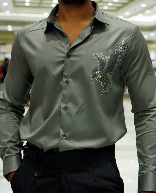 Olive Green Designer Party Wear Shirt Features Bird Embroidered, a Spread Collar, Full Sleeves, a Slim Fit, and Regular Length