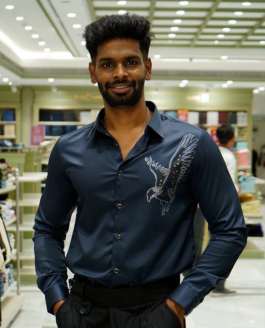 Navy Blue Designer Party Wear Shirt Features Bird Embroidered, a Spread Collar, Full Sleeves, a Slim Fit, and Regular Length