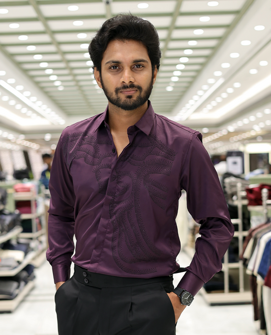 Purple Poly-Blended Party Wear Shirt, Features Vines-Themed Stone Work, Full Sleeves, a Spread Collar, Slim Fit, and Regular Length 