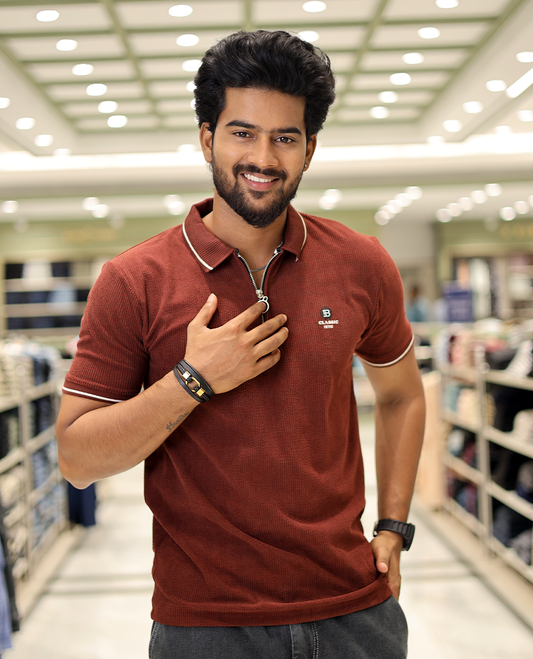 Maroon Corduroy T-Shirt Comes with a Polo Neck, Half-Sleeves, a Slim Fit, and Regular Length