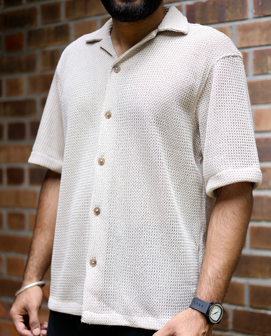 Cream Cotton-Blended Crochet Casual Shirt Features Half Sleeves, a Regular Fit, a Cuban Collar, and a Regular Length