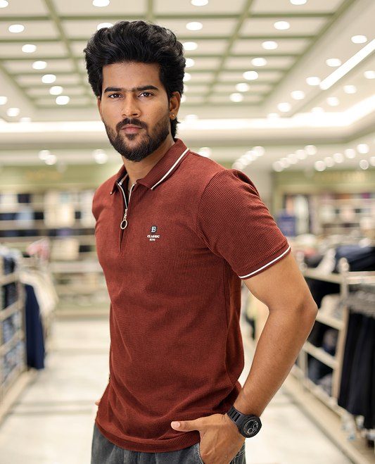 Maroon Corduroy T-Shirt Comes with a Polo Neck, Half-Sleeves, a Slim Fit, and Regular Length