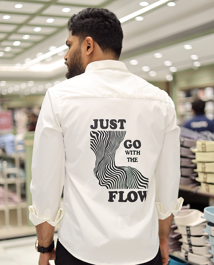 White Cotton-Blended Casual Shirt Features Life-Quotes Backprint, Full-Sleeves, a Spread Collar, a Regular Fit, and a Regular Length