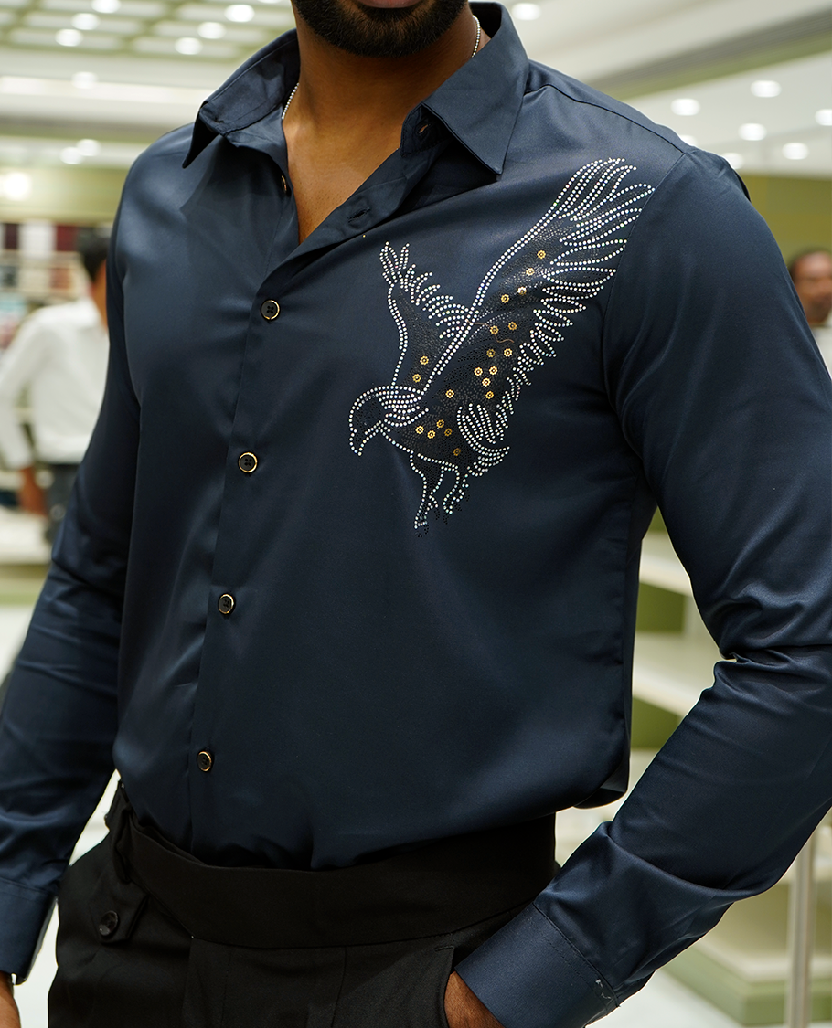 Navy Blue Designer Party Wear Shirt Features Bird Embroidered, a Spread Collar, Full Sleeves, a Slim Fit, and Regular Length