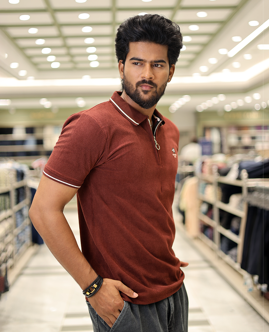 Maroon Corduroy T-Shirt Comes with a Polo Neck, Half-Sleeves, a Slim Fit, and Regular Length
