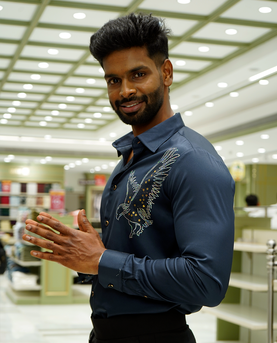 Navy Blue Designer Party Wear Shirt Features Bird Embroidered, a Spread Collar, Full Sleeves, a Slim Fit, and Regular Length