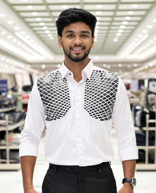 White Poly-Blended Party Wear Shirt, Features Geometric Flock Print, Full Sleeves, Spread Collar, Slim Fit, and Regular Length 