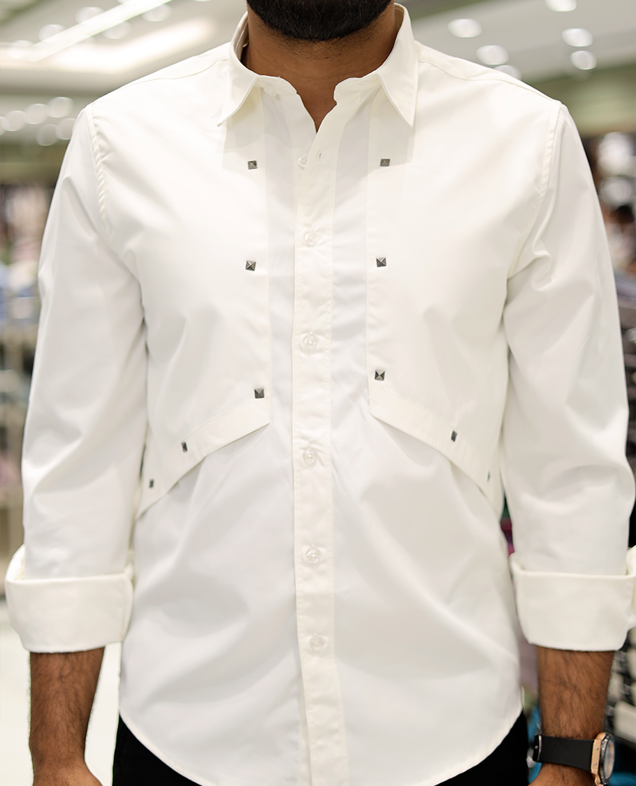 White Cotton-Blended Casual Shirt Features Life-Quotes Backprint, Full-Sleeves, a Spread Collar, a Regular Fit, and a Regular Length