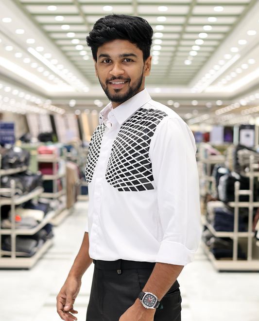 White Poly-Blended Party Wear Shirt, Features Geometric Flock Print, Full Sleeves, Spread Collar, Slim Fit, and Regular Length 