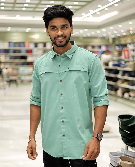 Light Green Cotton-Blended Casual Shirt Showcasing Life-Quotes Backprint, Full-Sleeves, a Spread Collar, a Regular Fit, and a Regular Length