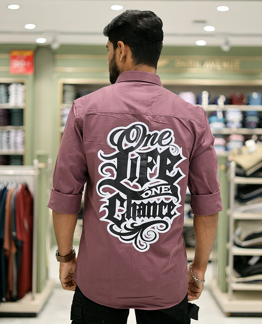 Mauve Cotton-Blended Casual Shirt Features Life-Quotes Backprint, Full-Sleeves, a Spread Collar, a Regular Fit, and a Regular Length