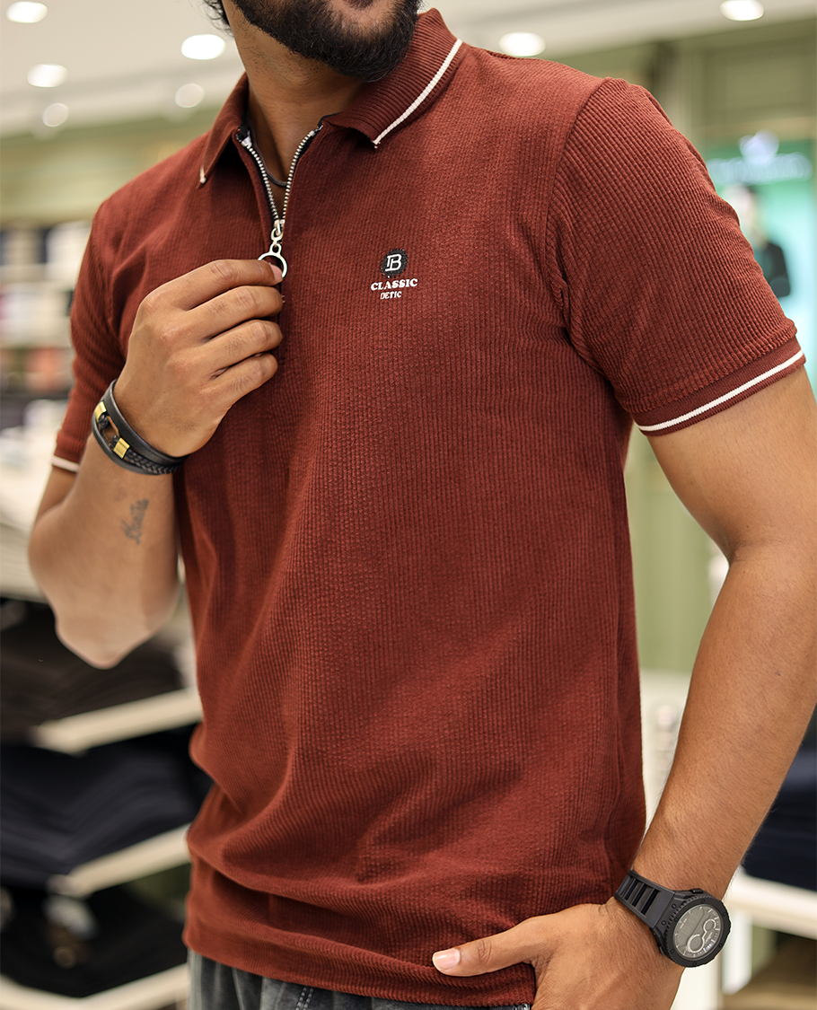 Maroon Corduroy T-Shirt Comes with a Polo Neck, Half-Sleeves, a Slim Fit, and Regular Length
