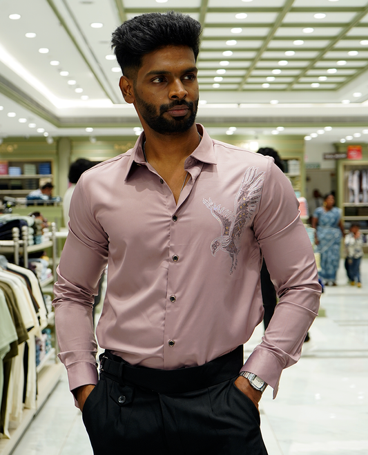 Onion Pink Designer Party Wear Shirt Features Bird Embroidered, a Spread Collar, Full Sleeves, a Slim Fit, and Regular Length
