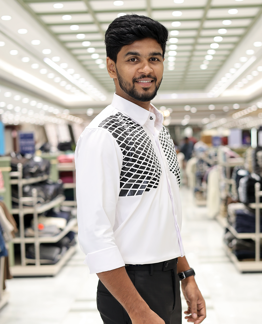 White Poly-Blended Party Wear Shirt, Features Geometric Flock Print, Full Sleeves, Spread Collar, Slim Fit, and Regular Length 