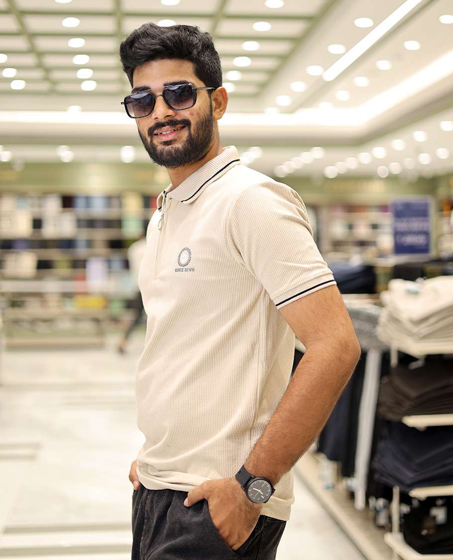 Cream Corduroy T-Shirt Comes with a Polo Neck, Half-Sleeves, a Slim Fit, and Regular Length