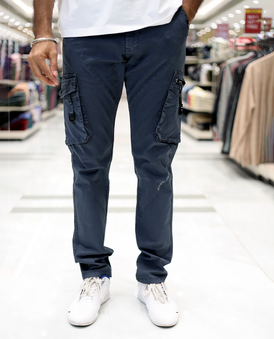 Blue Plain Cotton-Blended Cargo Trousers Come with a Regular Fit, Belt Loops, and Regular Length