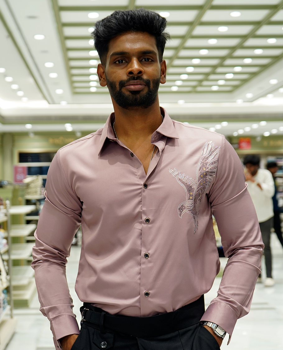 Onion Pink Designer Party Wear Shirt Features Bird Embroidered, a Spread Collar, Full Sleeves, a Slim Fit, and Regular Length
