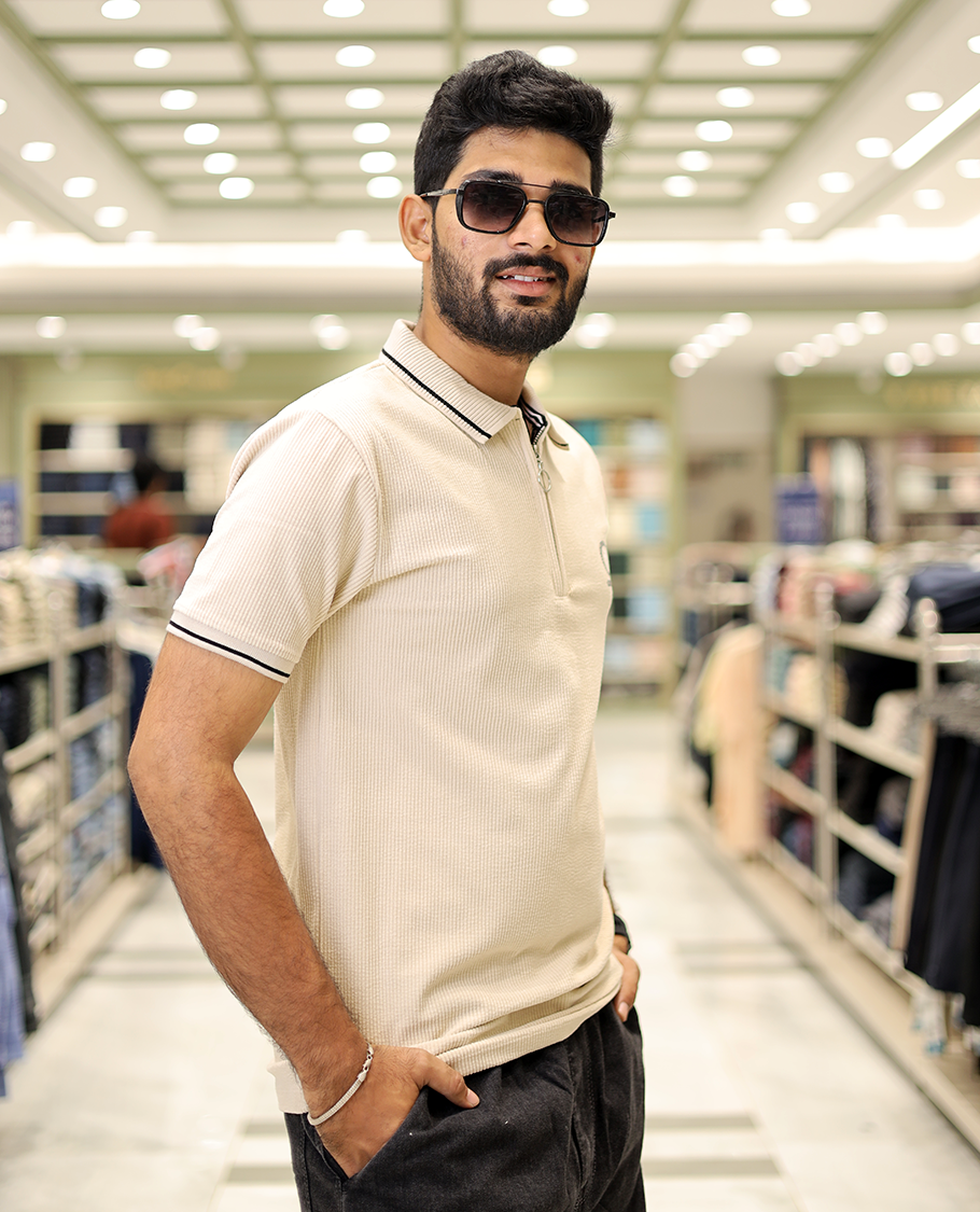 Cream Corduroy T-Shirt Comes with a Polo Neck, Half-Sleeves, a Slim Fit, and Regular Length