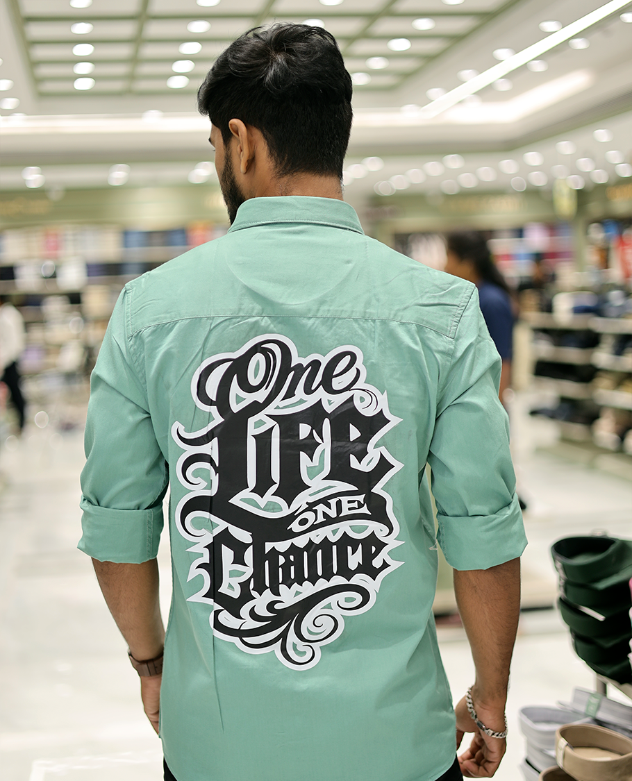 Light Green Cotton-Blended Casual Shirt Showcasing Life-Quotes Backprint, Full-Sleeves, a Spread Collar, a Regular Fit, and a Regular Length